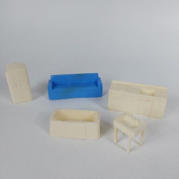 Marx Other - Vintage 1960s Dollhouse Miniature Kitchen Stove Bathtub Sink Fridge Couch Set 5